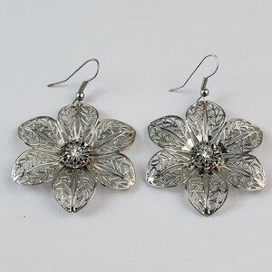 Vintage Silver Tone Clear Crystal Filigree Flower Pierced Earrings 1.75 Inch